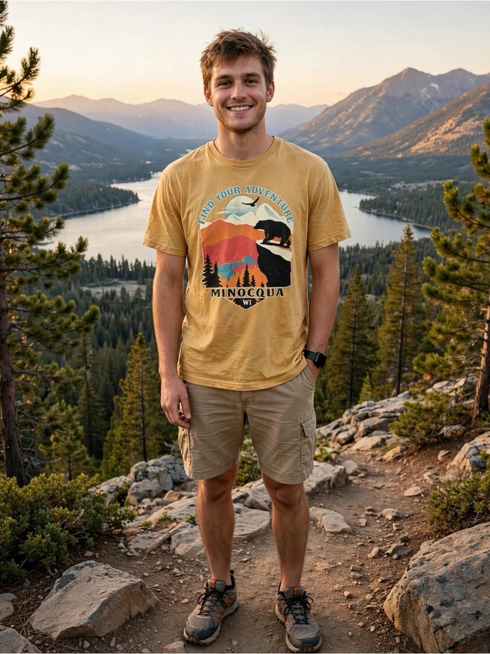 COMFORT COLORS MINOCQUA WISCONSIN BEAR GRAPHIC TEE MUSTARD NORTHWOODS SOUVENIR